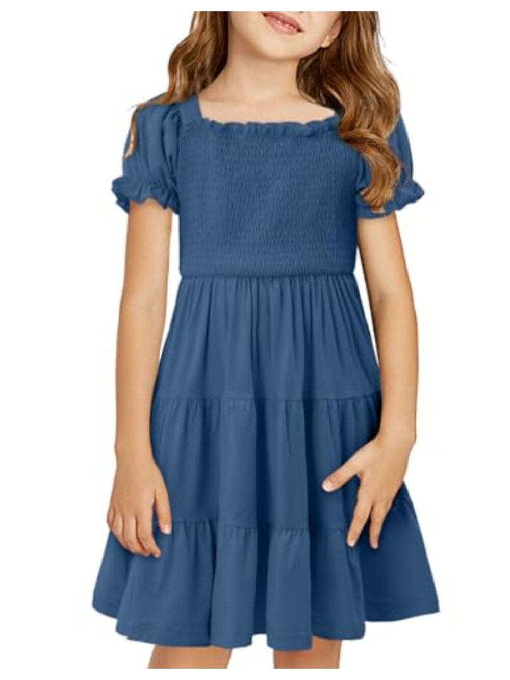 Girls Smocked Square Neck Puff Sleeve Ruffle Dress Knee Length Casual